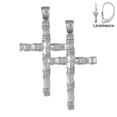 Sterling Silver 55mm Bamboo Cross Earrings (White or Yellow Gold Plated)