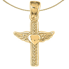 14K or 18K Gold Heart & Wings Cross Pendant