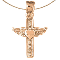 14K or 18K Gold Heart & Wings Cross Pendant