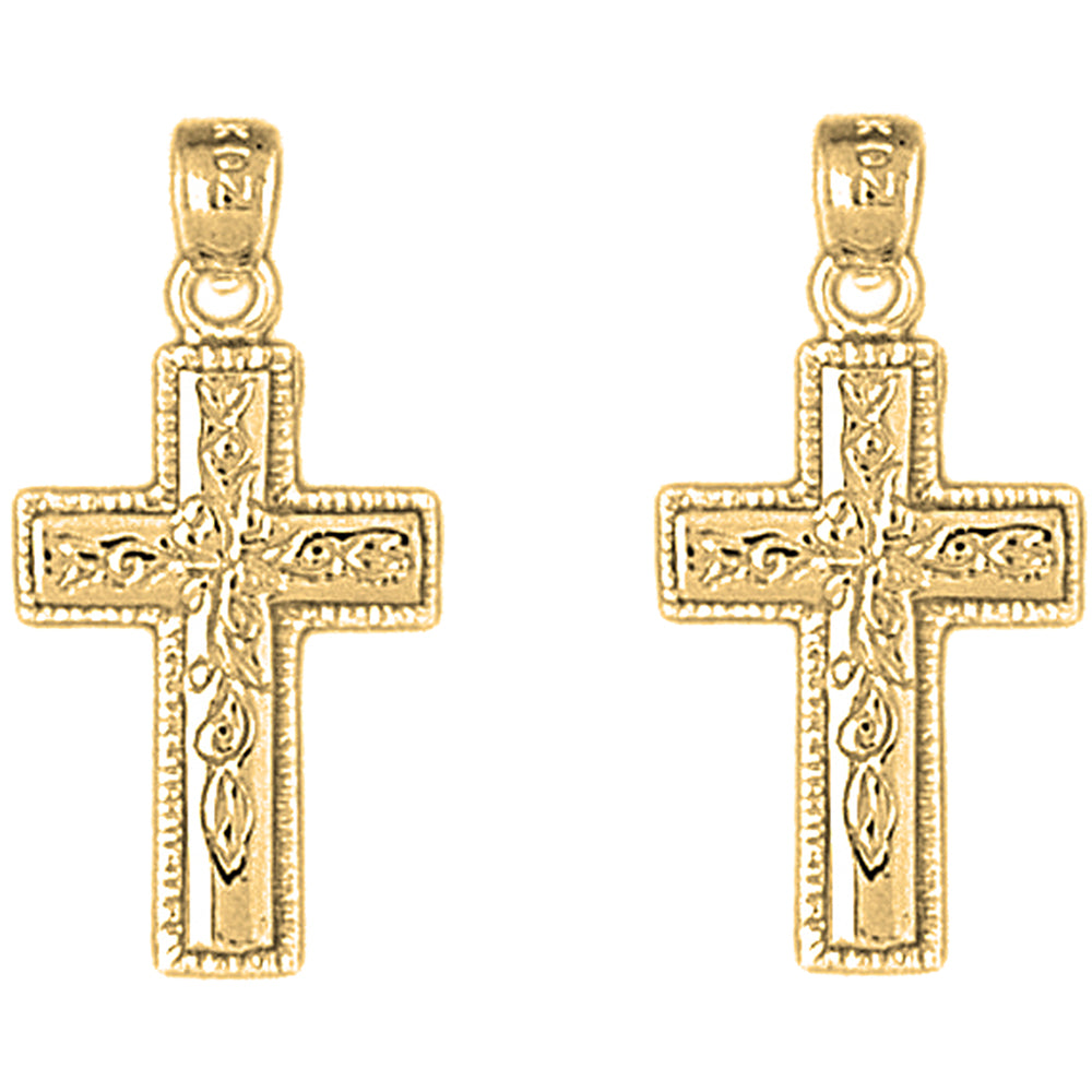 Yellow Gold-plated Silver 27mm Vine Cross Earrings