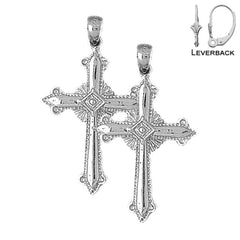 Sterling Silver 39mm Fleur de Lis Cross Earrings (White or Yellow Gold Plated)