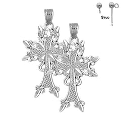 Sterling Silver 31mm Fleur de Lis Cross Earrings (White or Yellow Gold Plated)