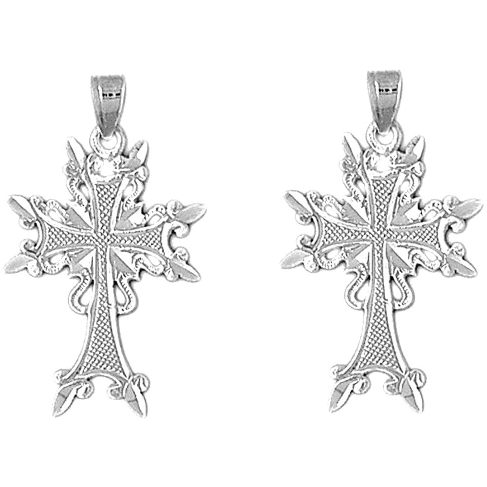 Sterling Silver 31mm Fleur de Lis Cross Earrings