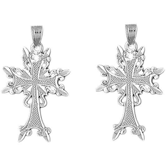 Sterling Silver 31mm Fleur de Lis Cross Earrings