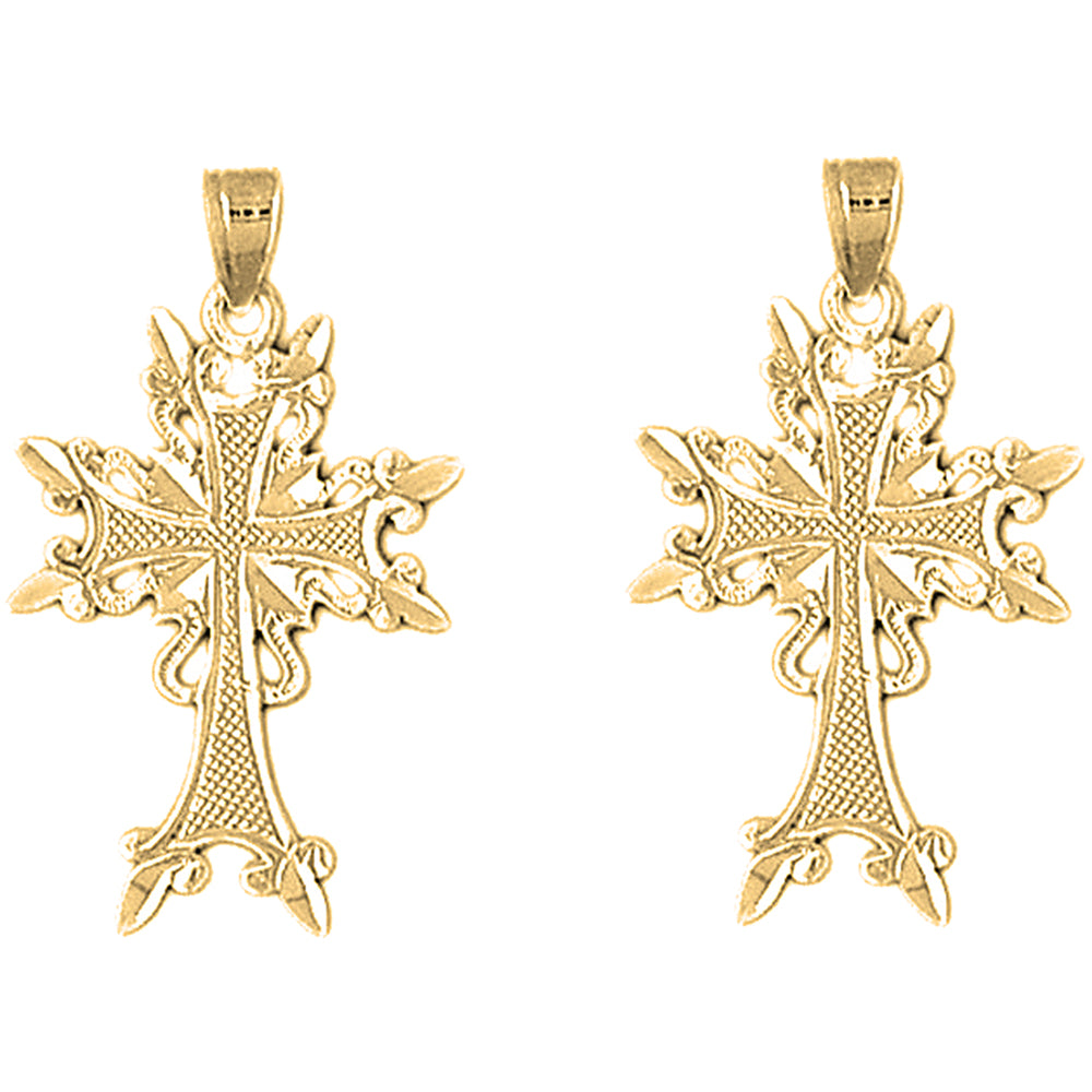 Yellow Gold-plated Silver 31mm Fleur de Lis Cross Earrings