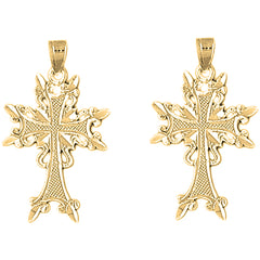 Yellow Gold-plated Silver 31mm Fleur de Lis Cross Earrings