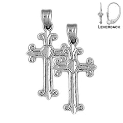 Sterling Silver 28mm Budded Cross Earrings (White or Yellow Gold Plated)