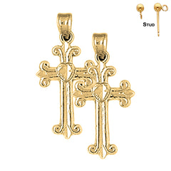Sterling Silver 28mm Budded Cross Earrings (White or Yellow Gold Plated)