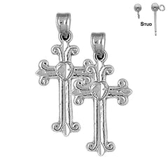 Sterling Silver 28mm Budded Cross Earrings (White or Yellow Gold Plated)