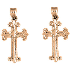 14K or 18K Gold 28mm Budded Cross Earrings