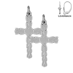 Sterling Silver 34mm Budded Heart Cross Earrings (White or Yellow Gold Plated)