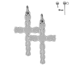 Sterling Silver 34mm Budded Heart Cross Earrings (White or Yellow Gold Plated)