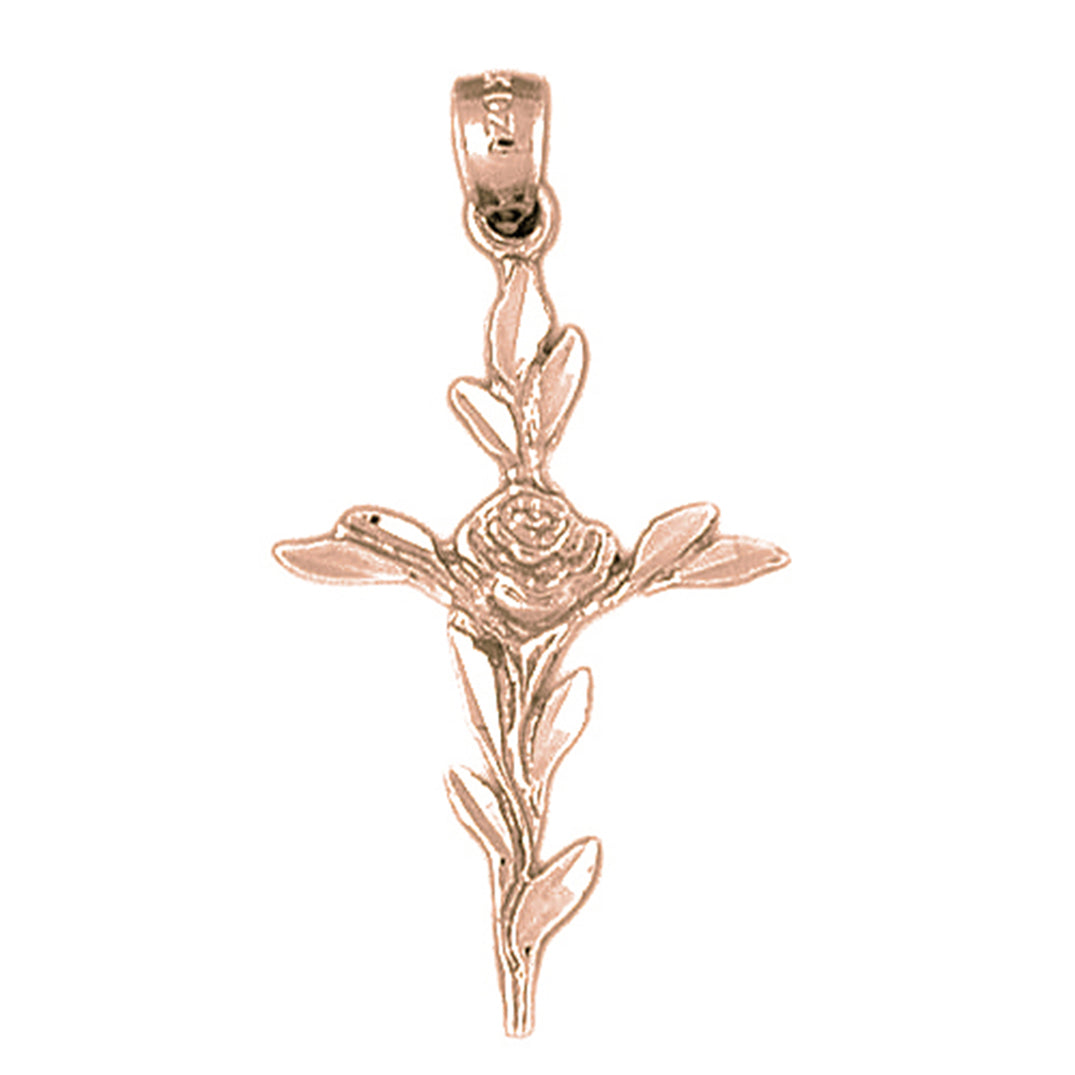 10K, 14K or 18K Gold Cross With Rose Pendant