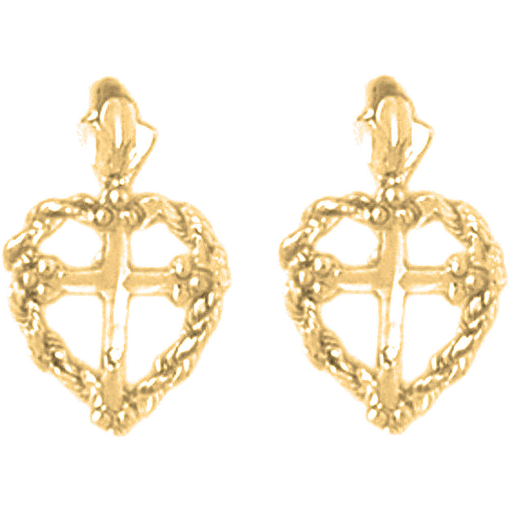 Yellow Gold-plated Silver 16mm Heart & Cross Earrings