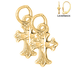 Sterling Silver 15mm Budded Cross Earrings (White or Yellow Gold Plated)