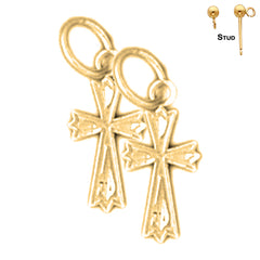 Sterling Silver 11mm Budded Cross Earrings (White or Yellow Gold Plated)