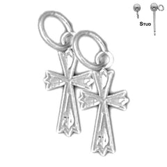 Sterling Silver 11mm Budded Cross Earrings (White or Yellow Gold Plated)