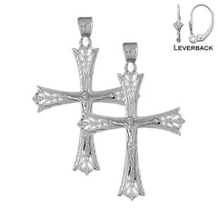 Sterling Silver 55mm Budded Crucifix Earrings (White or Yellow Gold Plated)