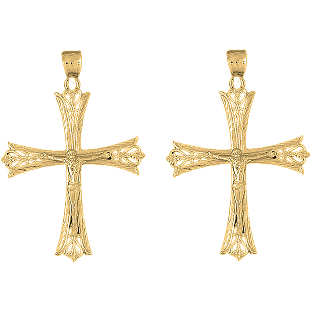Yellow Gold-plated Silver 55mm Budded Crucifix Earrings