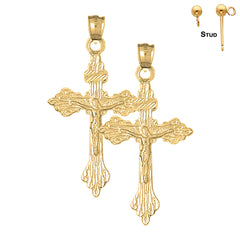 Sterling Silver 55mm Budded Crucifix Earrings (White or Yellow Gold Plated)