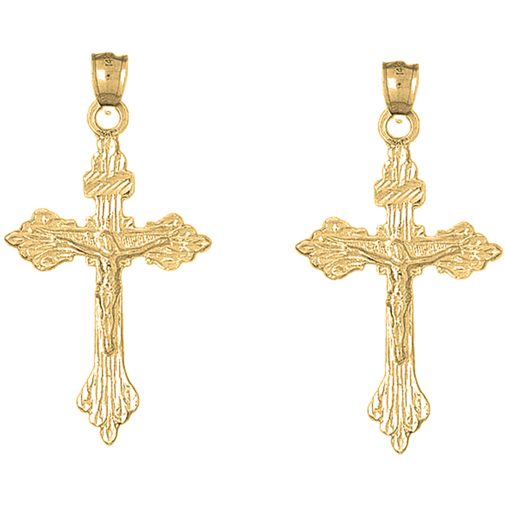14K or 18K Gold 55mm Budded Crucifix Earrings