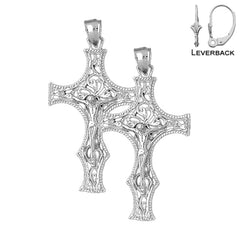 Sterling Silver 53mm Vine Crucifix Earrings (White or Yellow Gold Plated)