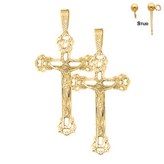 Sterling Silver 61mm Budded Crucifix Earrings (White or Yellow Gold Plated)