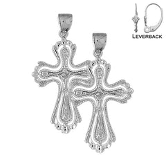 Pendientes de crucifijo con brotes de plata de ley de 48 mm (chapados en oro blanco o amarillo)