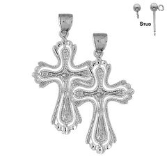 Pendientes de crucifijo con brotes de plata de ley de 48 mm (chapados en oro blanco o amarillo)