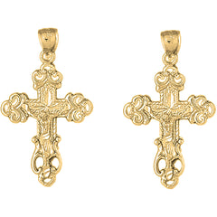 Yellow Gold-plated Silver 39mm Budded Crucifix Earrings
