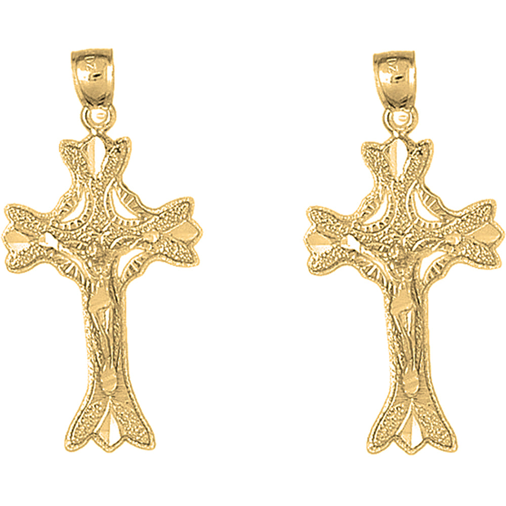 14K or 18K Gold 43mm Budded Crucifix Earrings