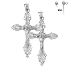 Sterling Silver 59mm Budded Crucifix Earrings (White or Yellow Gold Plated)