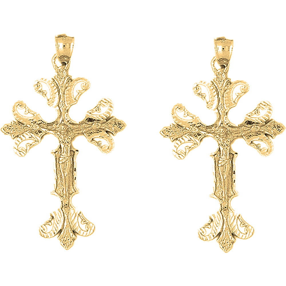 Yellow Gold-plated Silver 57mm Budded Crucifix Earrings