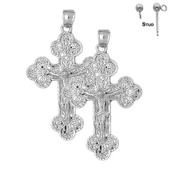 Sterling Silver 54mm Budded Crucifix Earrings (White or Yellow Gold Plated)