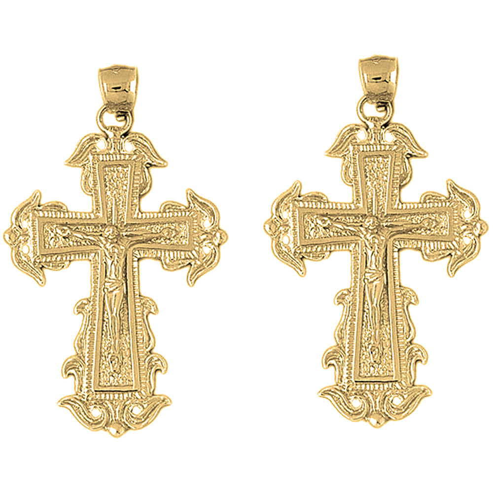 Yellow Gold-plated Silver 51mm Budded Crucifix Earrings