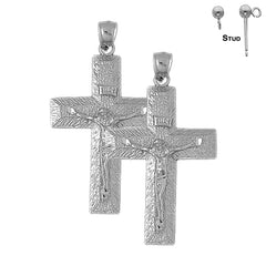 Sterling Silver 53mm INRI Crucifix Earrings (White or Yellow Gold Plated)