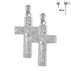 Sterling Silver 34mm Vine Crucifix Earrings (White or Yellow Gold Plated)
