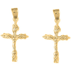 Yellow Gold-plated Silver 31mm Budded Crucifix Earrings