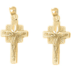 Yellow Gold-plated Silver 33mm Quadrate Crucifix Earrings