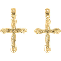 Yellow Gold-plated Silver 31mm Budded Crucifix Earrings