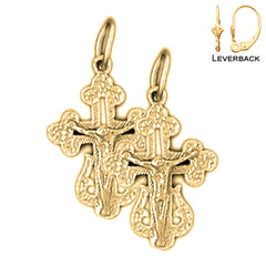Sterling Silver 22mm Budded Crucifix Earrings (White or Yellow Gold Plated)