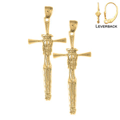 Sterling Silver 55mm Cross with Jesus Face Earrings (White or Yellow Gold Plated)