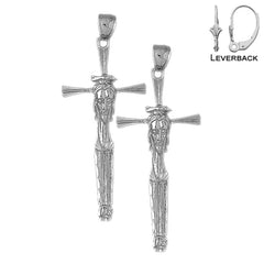 Sterling Silver 55mm Cross with Jesus Face Earrings (White or Yellow Gold Plated)