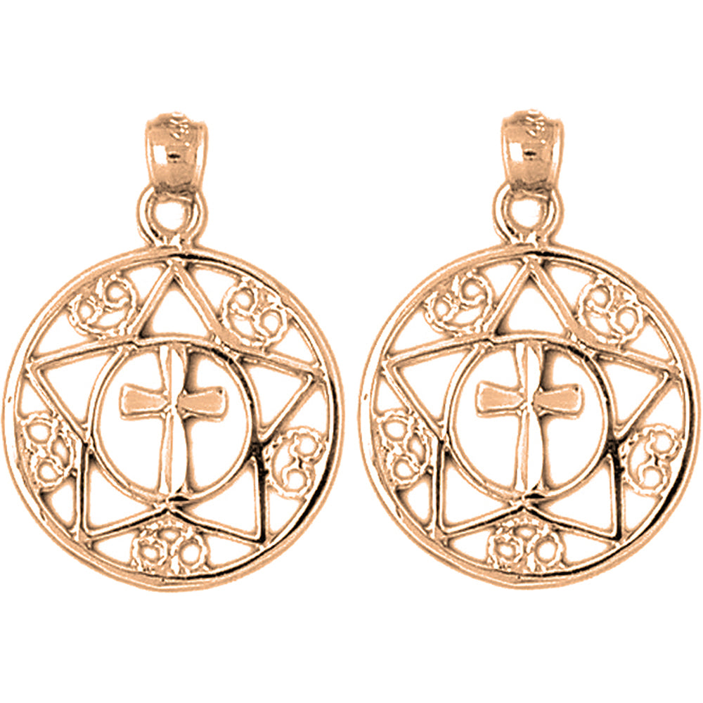 14K or 18K Gold 28mm Cross In Star and Circle Earrings