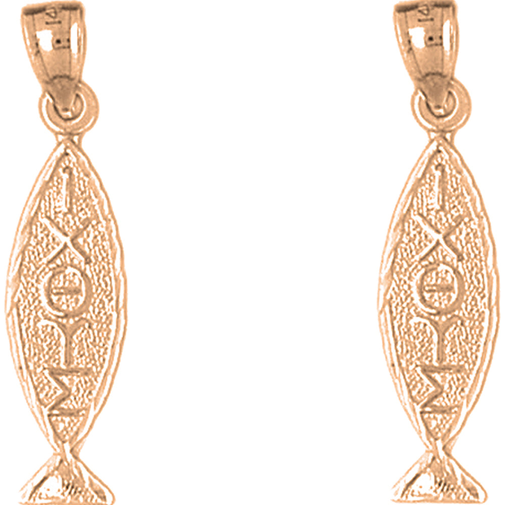 14K or 18K Gold 32mm Christian Fish With Oxeye Earrings