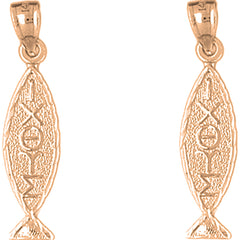 14K or 18K Gold 32mm Christian Fish With Oxeye Earrings