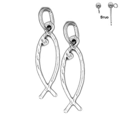 Sterling Silver 22mm Ichthus Christian Fish Earrings (White or Yellow Gold Plated)