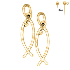 Sterling Silver 22mm Ichthus Christian Fish Earrings (White or Yellow Gold Plated)