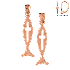 14K or 18K Gold Christian Fish With Cross Earrings