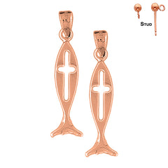14K or 18K Gold Christian Fish With Cross Earrings